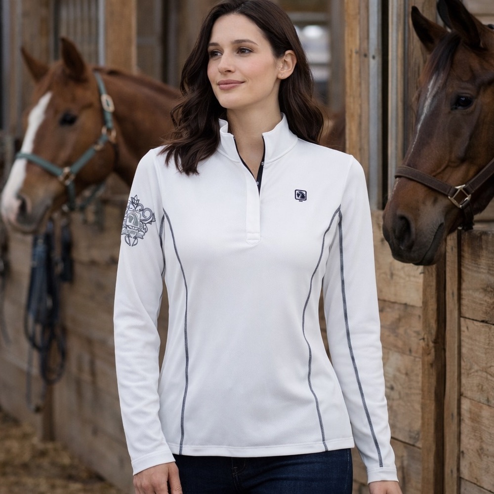 ROMFH White Show Shirt 1/4 Snap Magnetic Collar Blue Trim Equestrian Riding L